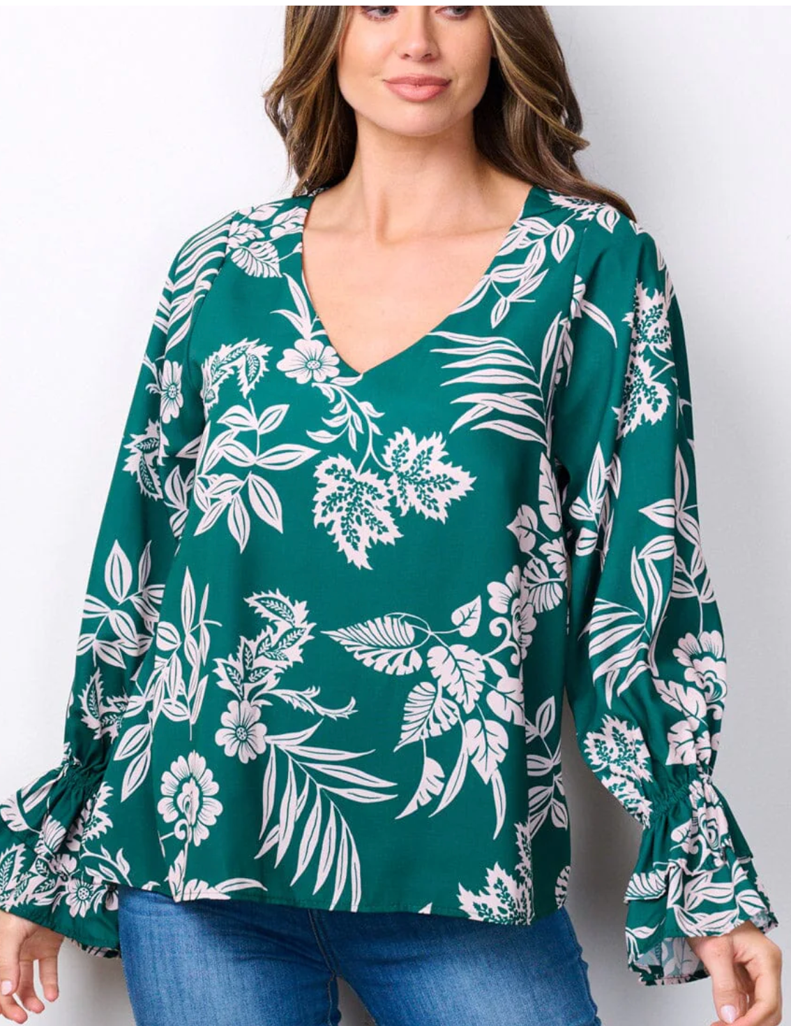 Floral Delight: Women's Long Ruffle Sleeves V-Neck Blouse