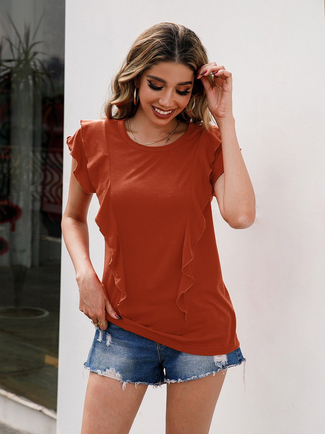 Ruffled Round Neck Cap Sleeve T-Shirt