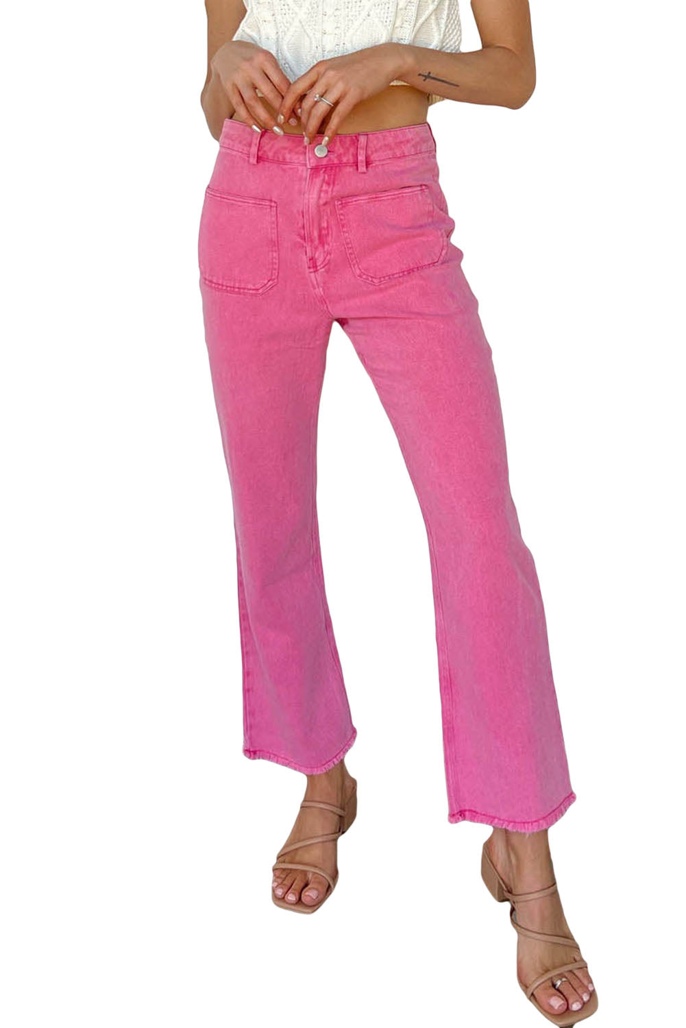 Pink Ankle-length Flare Leg Raw Hem Jeans