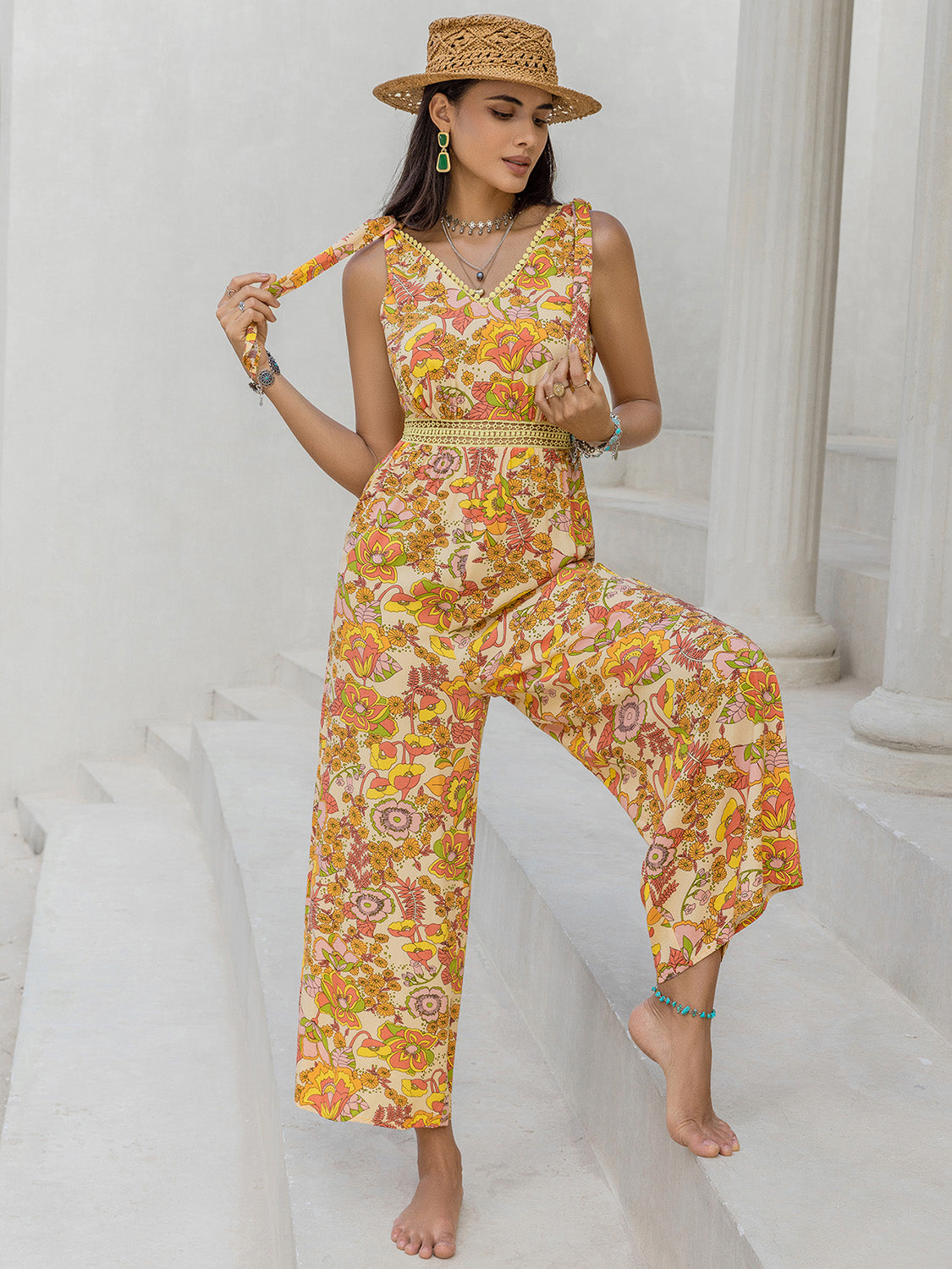 Printed V-Neck Tie Shoulder Jumpsuit