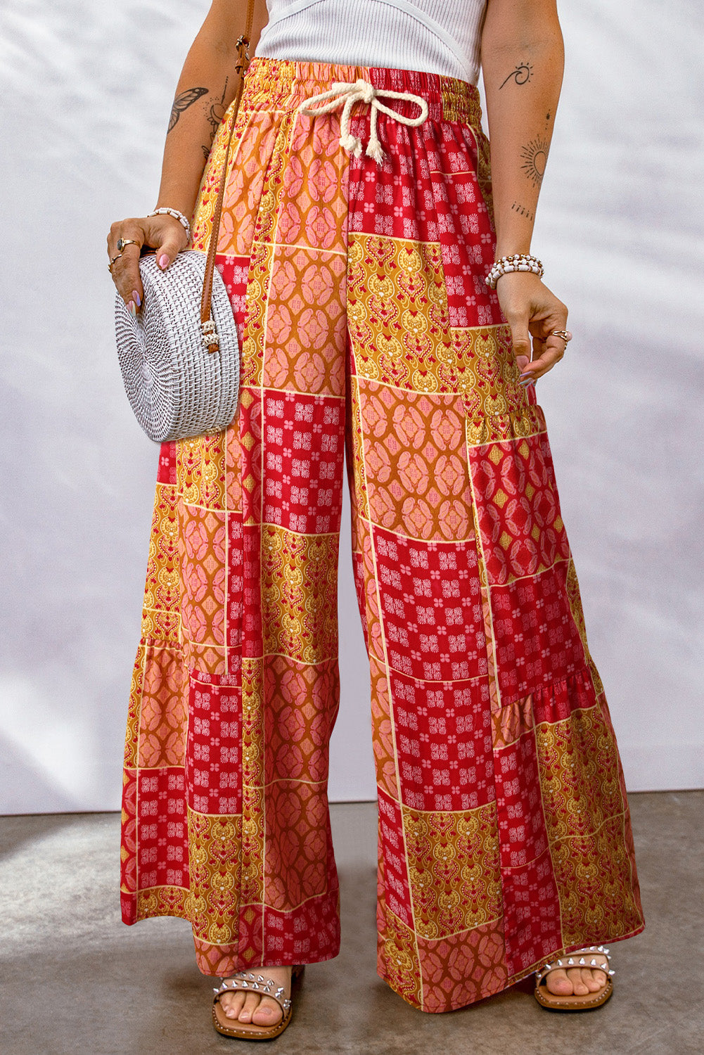 Bohemian Patchwork Drawstring Wide Leg Pants