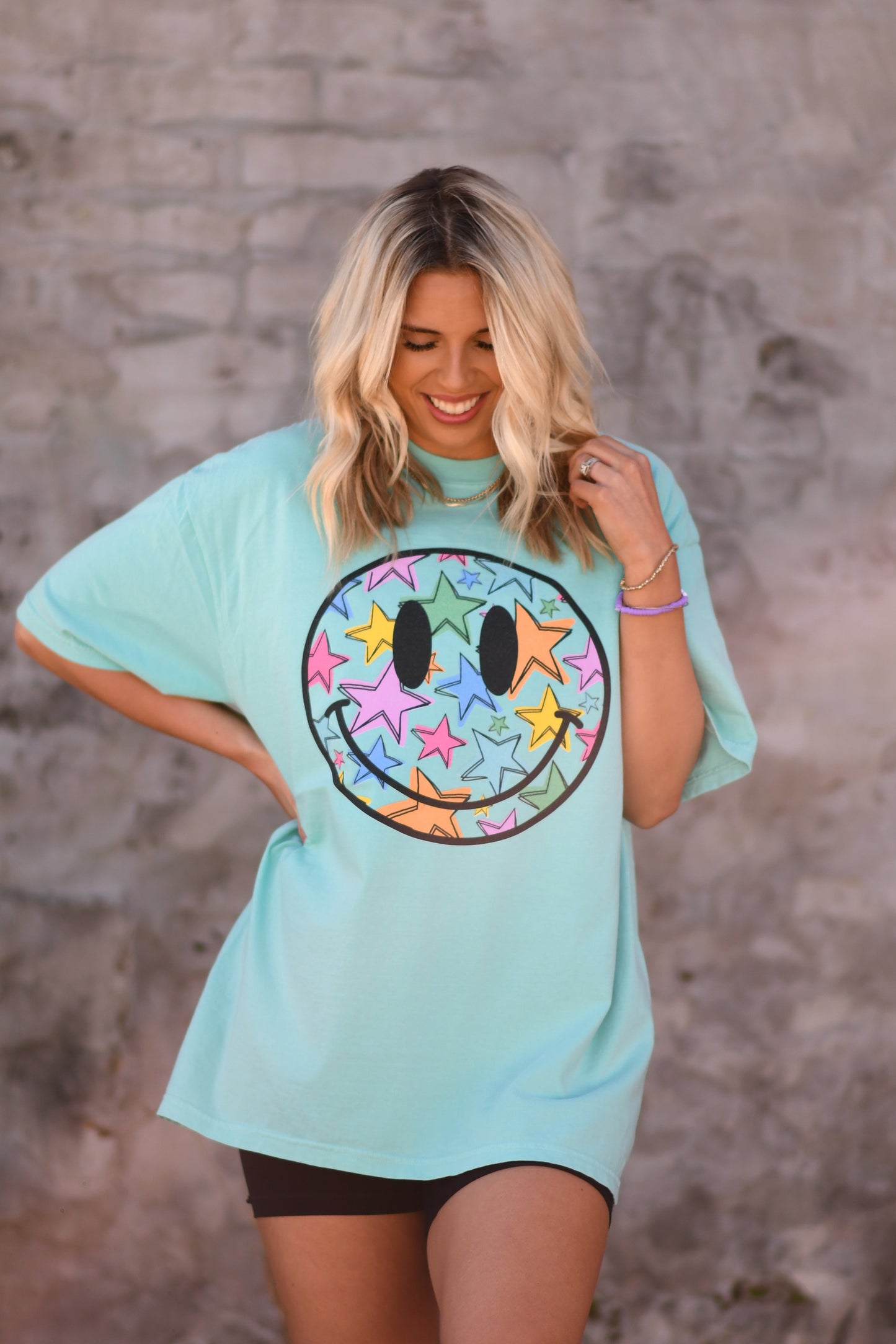 Colorful neon smiley star tee