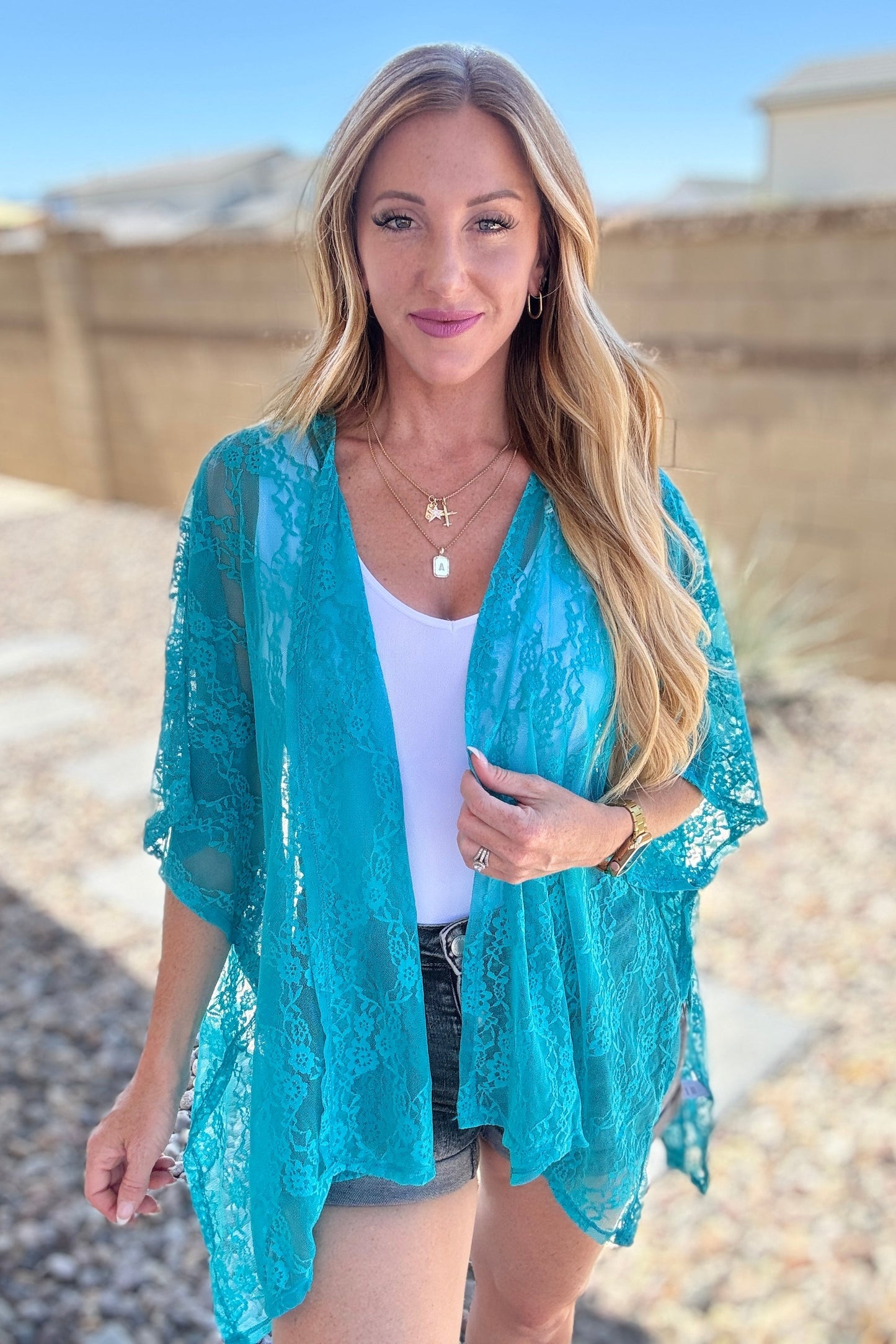 Good Days Ahead Lace Kimono In Teal