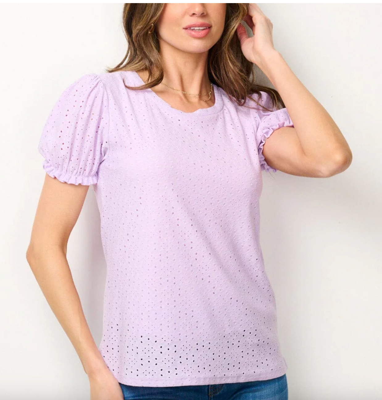 Lace Embrace: Women's Short Sleeve Eyelet Detailed Blouse Top in Lilac