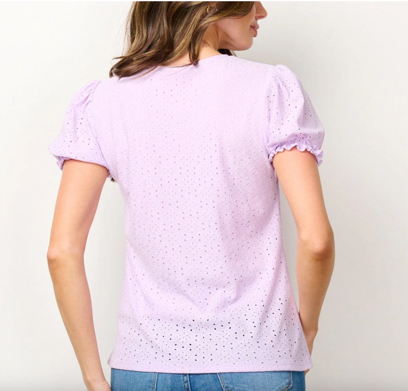 Lace Embrace: Women's Short Sleeve Eyelet Detailed Blouse Top in Lilac