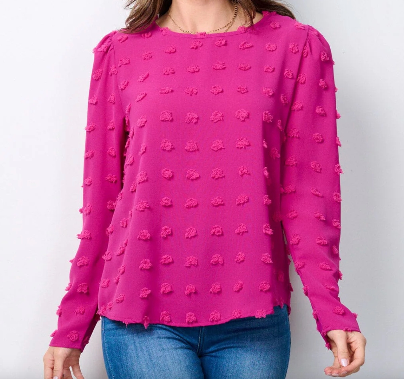 Dotted Elegance: Women's Long Sleeve Swiss Dots Blouse Top