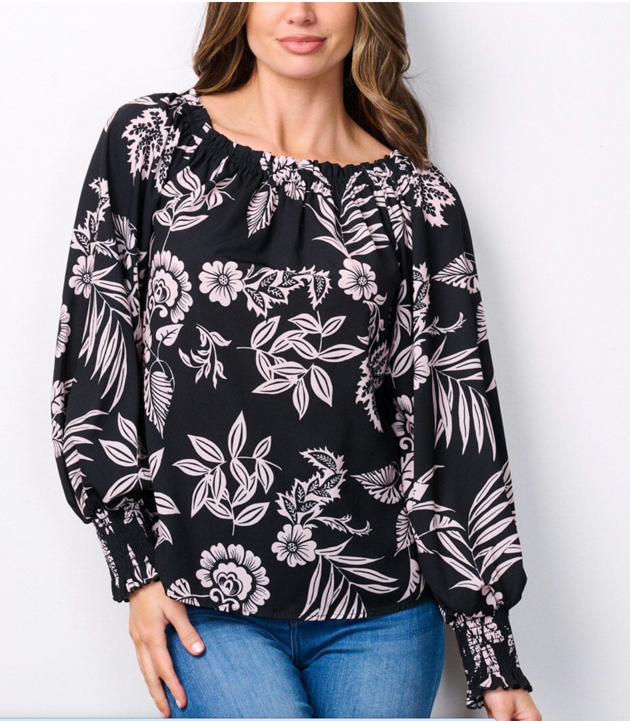 Floral Elegance: Women's Long Sleeve Smock Tunic Blouse Top