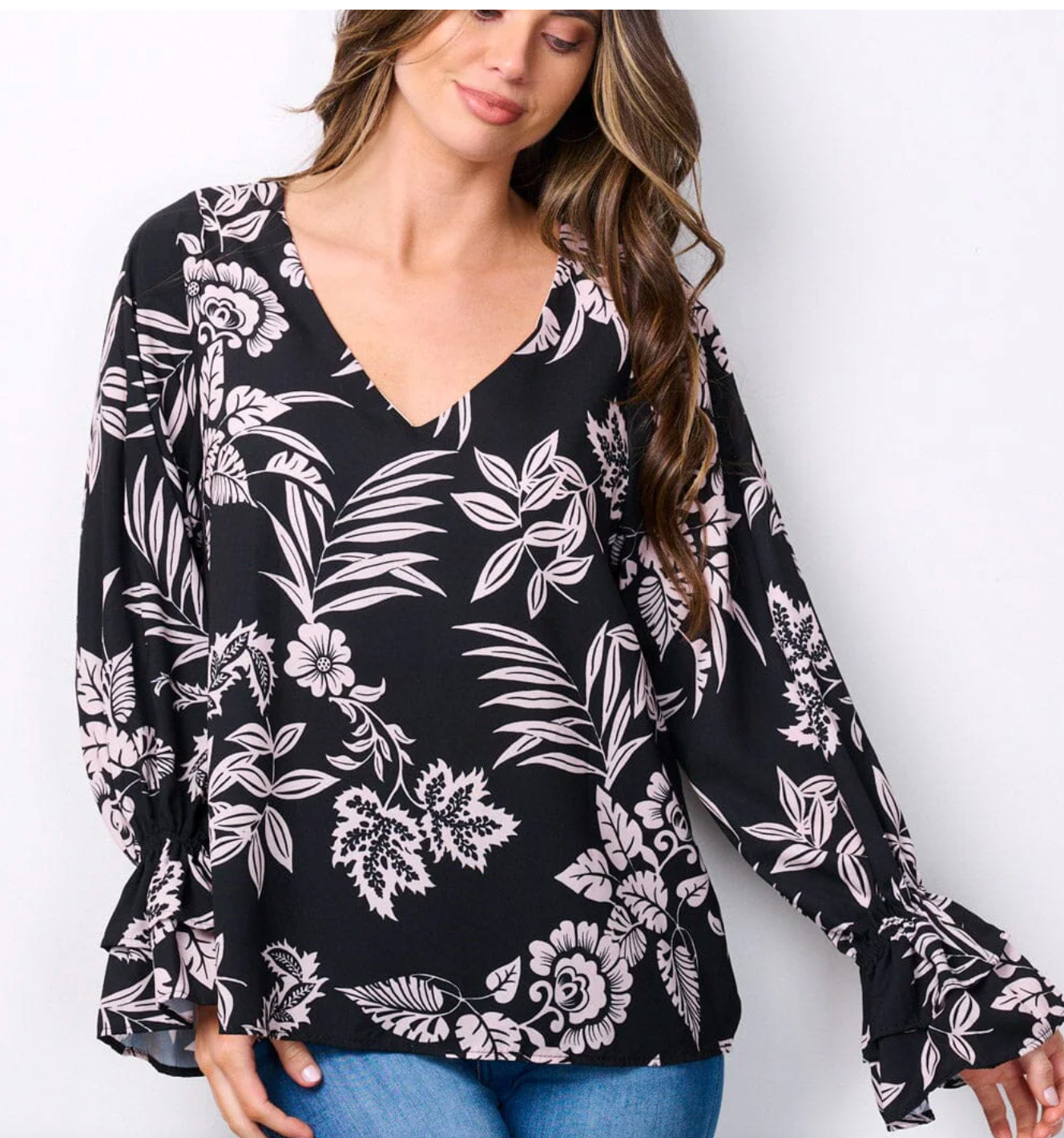 Floral Delight: Women's Long Ruffle Sleeves V-Neck Blouse