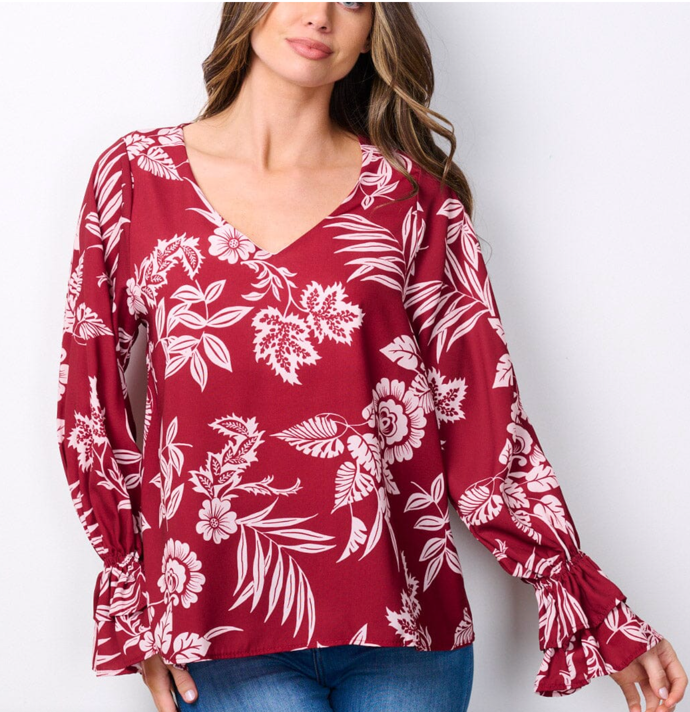 Floral Delight: Women's Long Ruffle Sleeves V-Neck Blouse