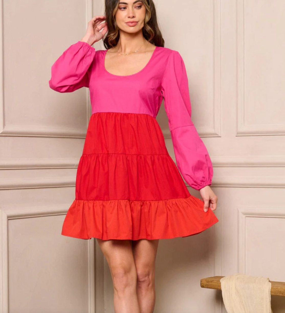 Pink Mosaic Elegance: Women's Long Sleeve Colorblock Tiered Mini Dress