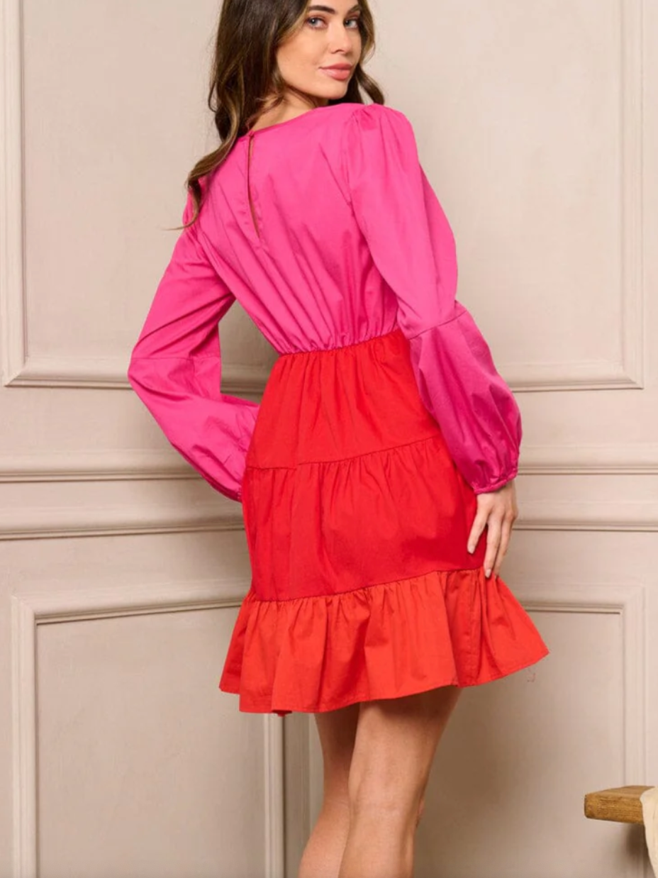 Pink Mosaic Elegance: Women's Long Sleeve Colorblock Tiered Mini Dress