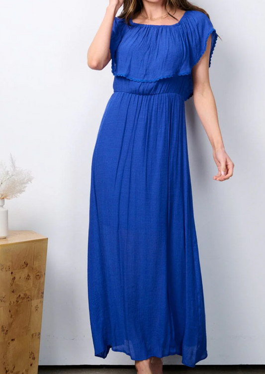 Effortless Glamour: Women's Short Sleeve Ruffle Front Slit Maxi Dress