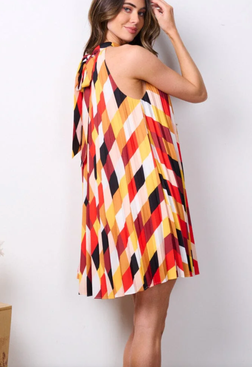 Boho Chic: Women's Sleeveless Halter Neck Multi-Print Mini Dress