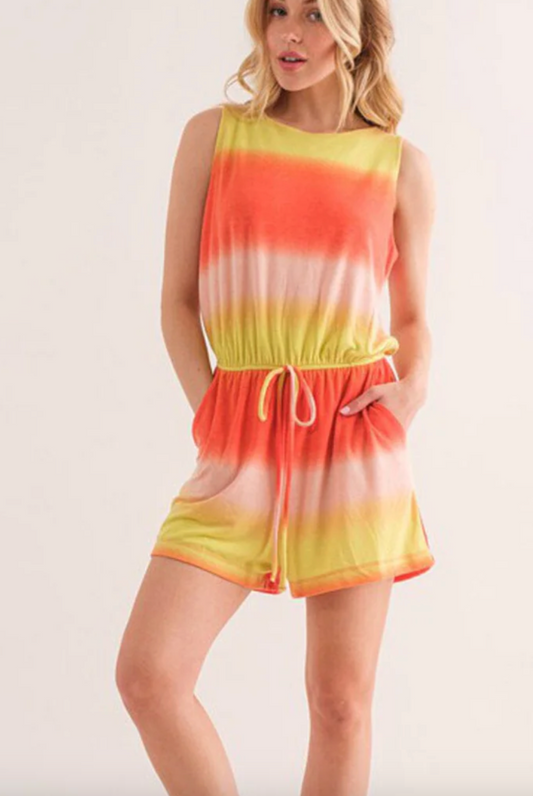 Sunny Chic: Women's Sleeveless Elastic Waist Colorblock Romper with Pockets in Orange