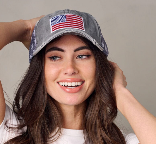Stars & Stripes: Women's Washed Distressed American Flag Baseball Caps