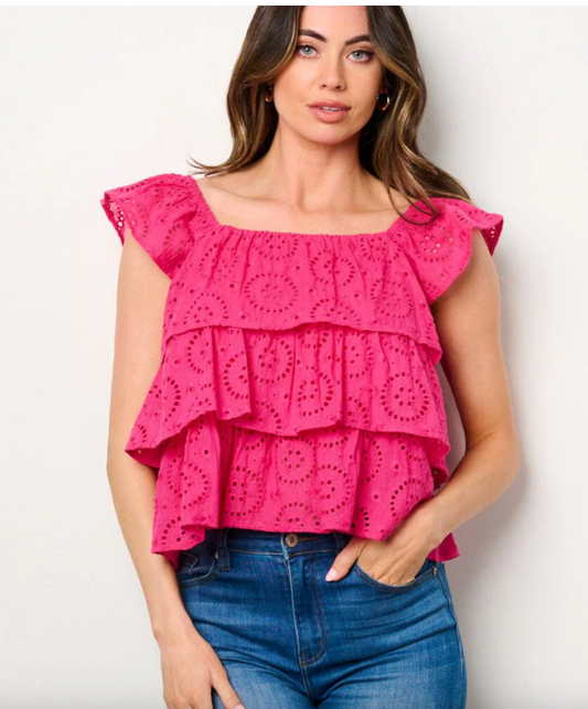 Whimsical Breeze: Women's Sleeveless Tiered Eyelet Detailed Top in Fuchsia