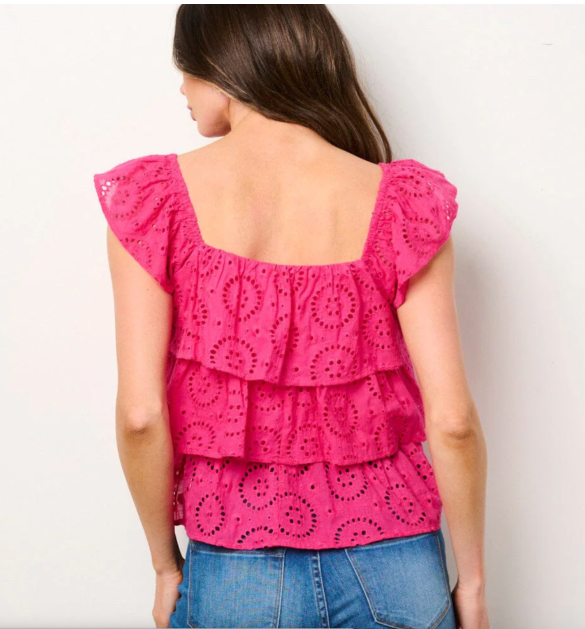 Whimsical Breeze: Women's Sleeveless Tiered Eyelet Detailed Top in Fuchsia