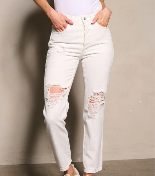 Edgy Chic: Women's Button Closure Distressed White Denim Pants