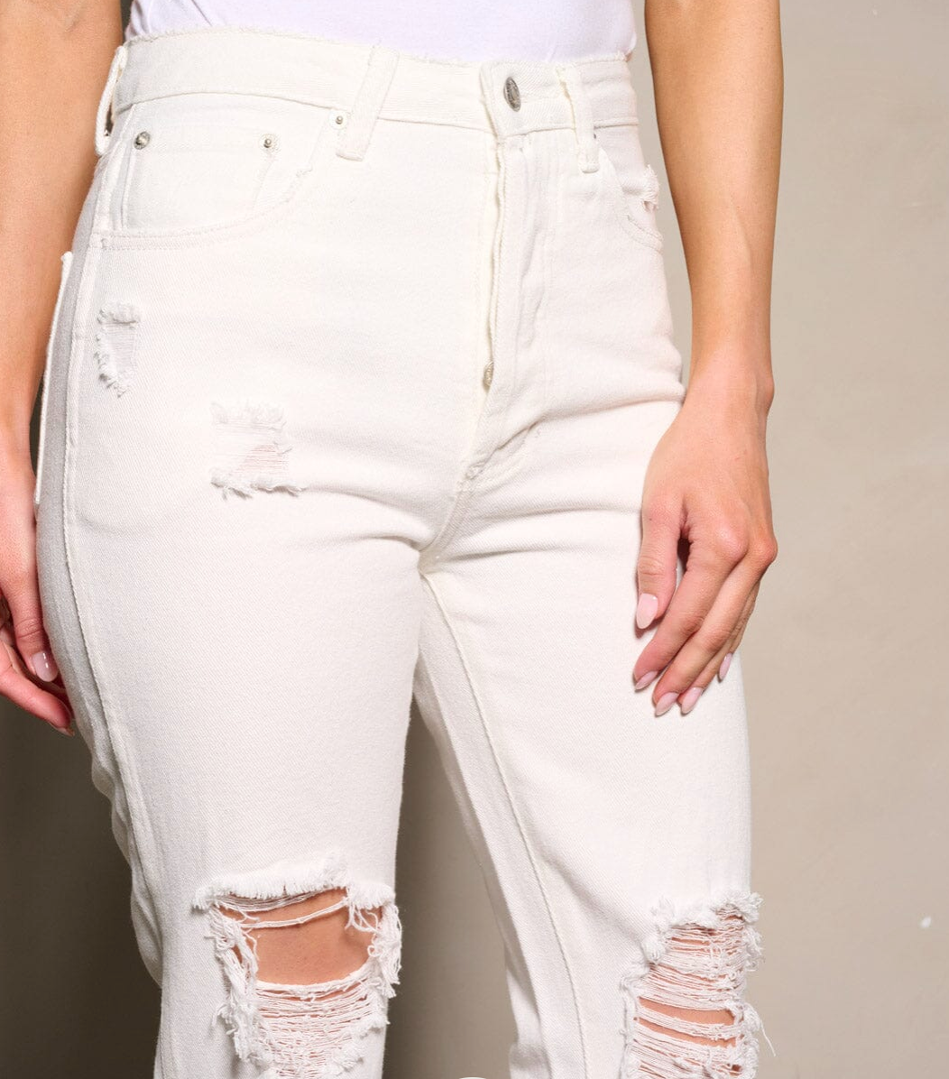 Edgy Chic: Women's Button Closure Distressed White Denim Pants