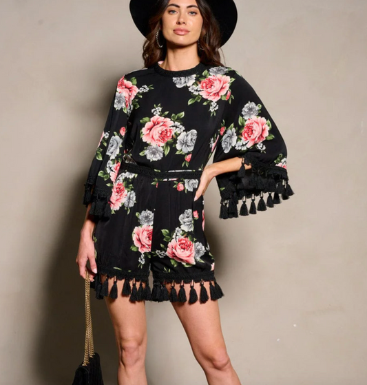 Boho Bliss: 3/4 Sleeves Open Back Tassel Floral Romper