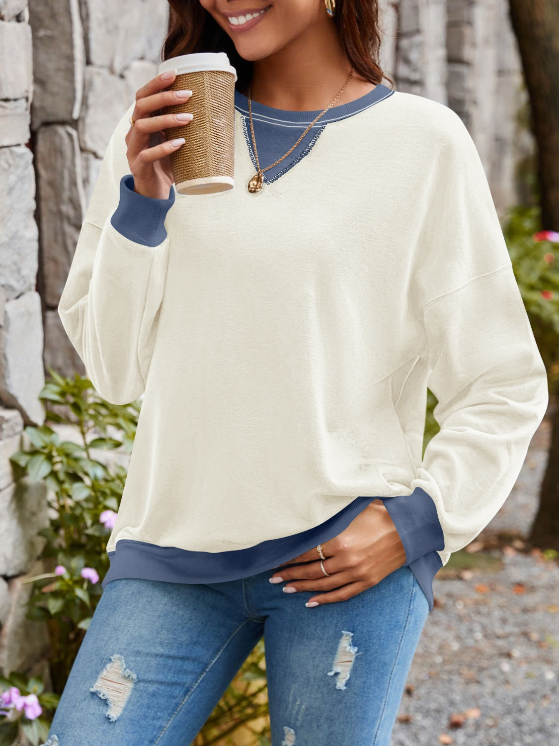 Contrast Round Neck Long Sleeve Sweatshirt