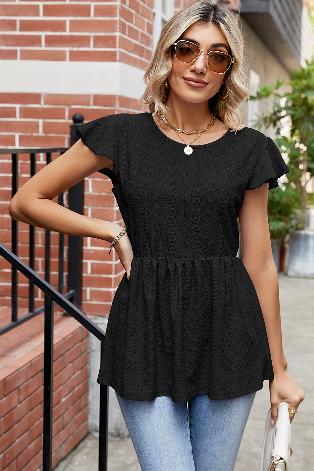 Tied Ruffled Round Neck Peplum T-Shirt