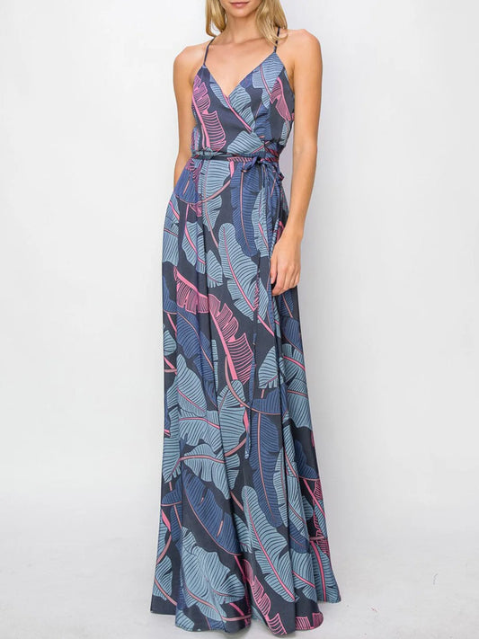 Tropical Dream: Women's Sleeveless Leaf Print Wrap Maxi Dress