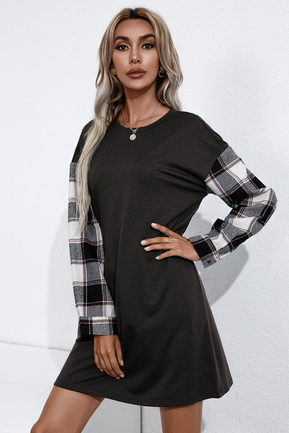 Plaid Sleeve Contrast T-Shirt Dress