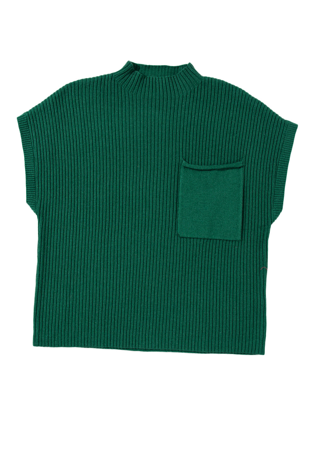 Blackish Green Patch Pocket Ribbed Knit Short Sleeve Sweater