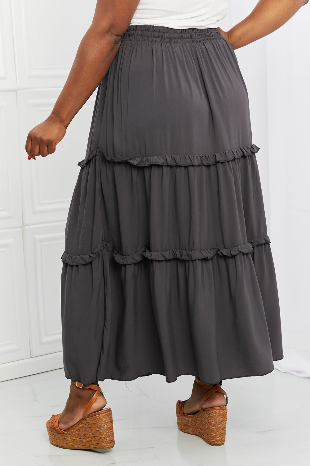 Zenana Summer Days Ruffled Maxi Skirt in Ash Grey