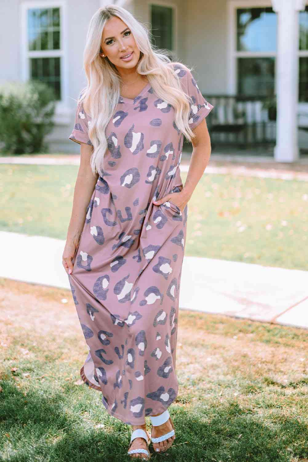 Leopard Slit Dress with Pockets