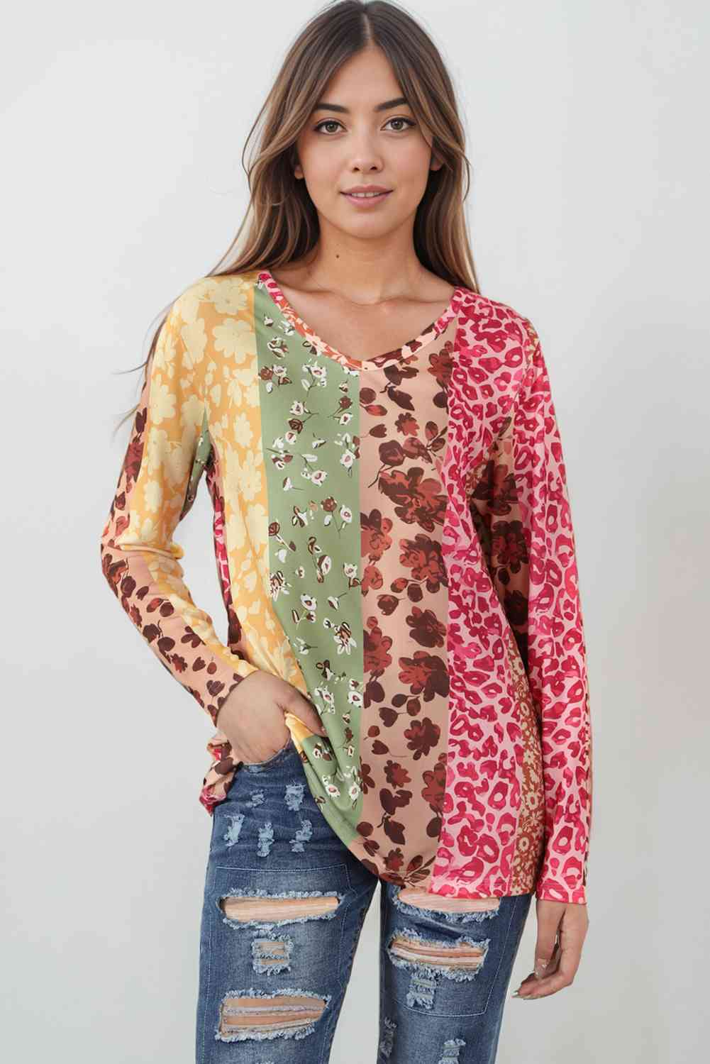 Leopard Long Sleeve V-Neck T-Shirt