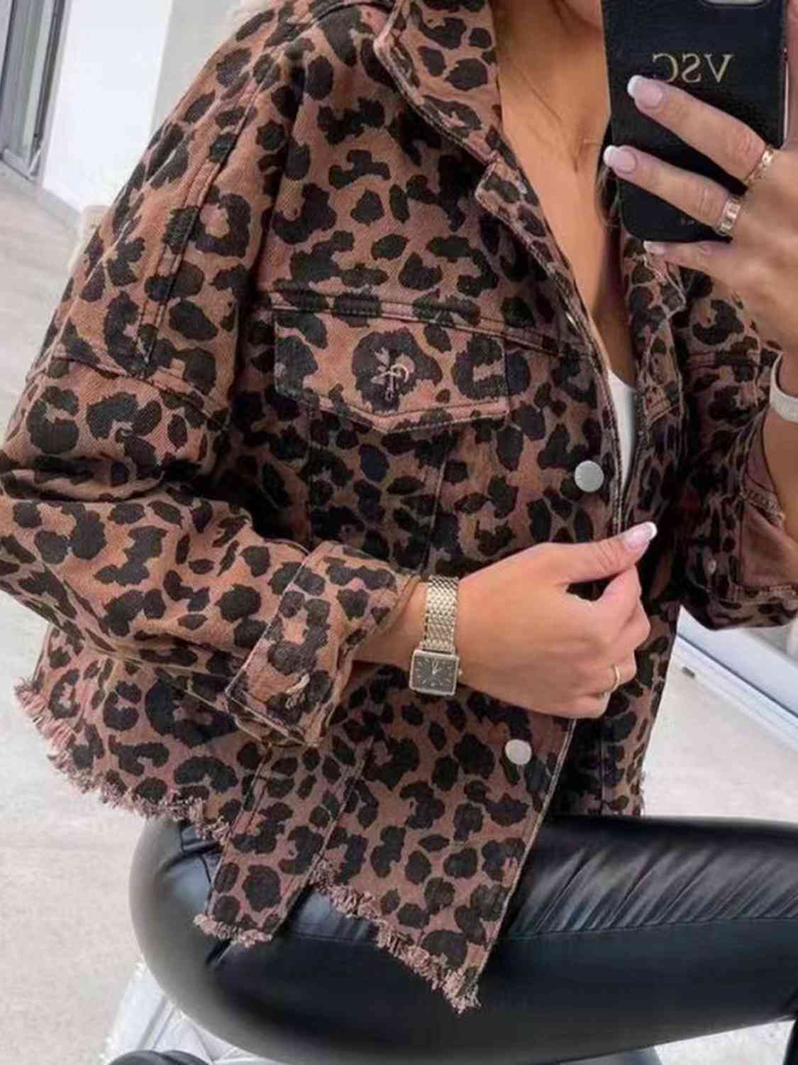 Leopard Collared Neck Button-Up Jacket