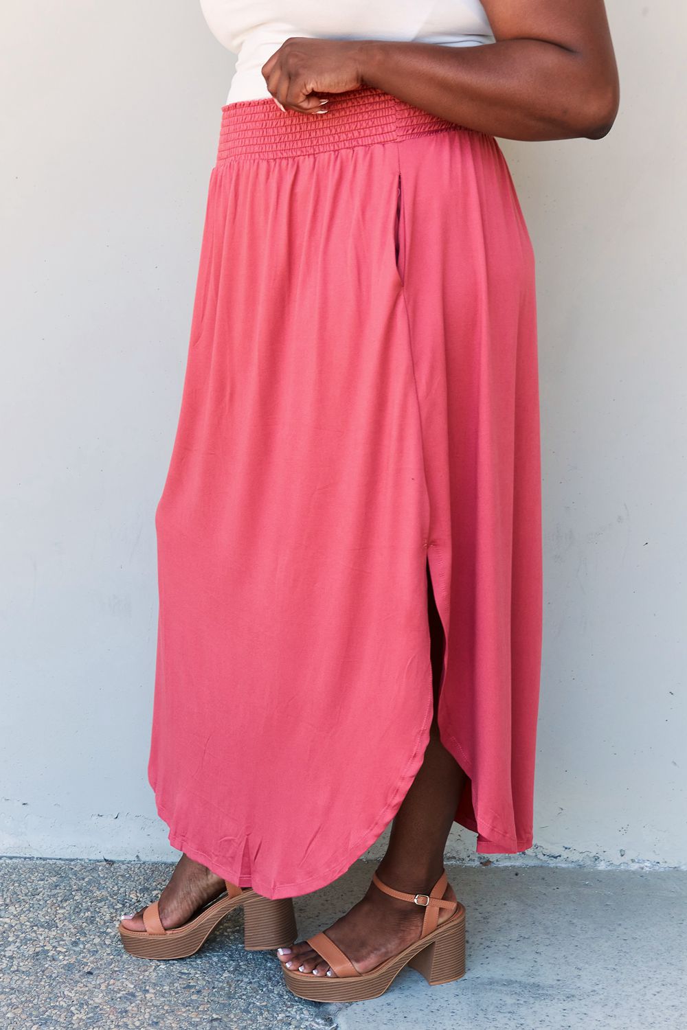 Doublju Comfort Princess High Waist Scoop Hem Maxi Skirt in Hot Pink