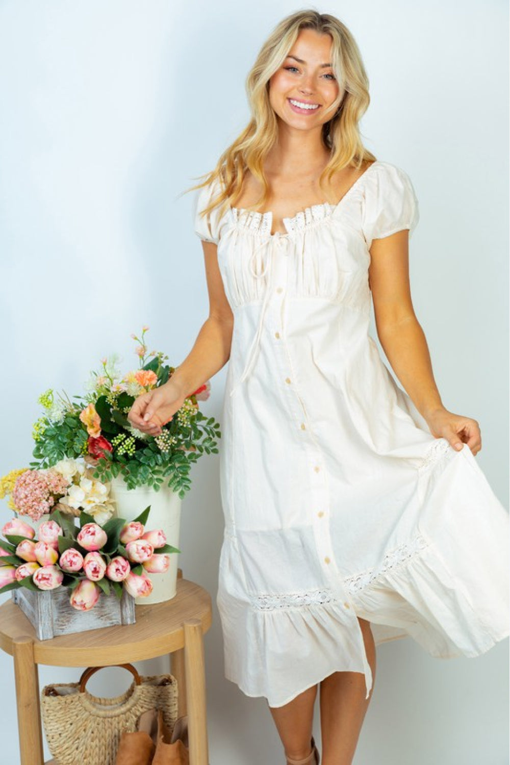 White Birch Flower Market Lace Trim Midi Dress