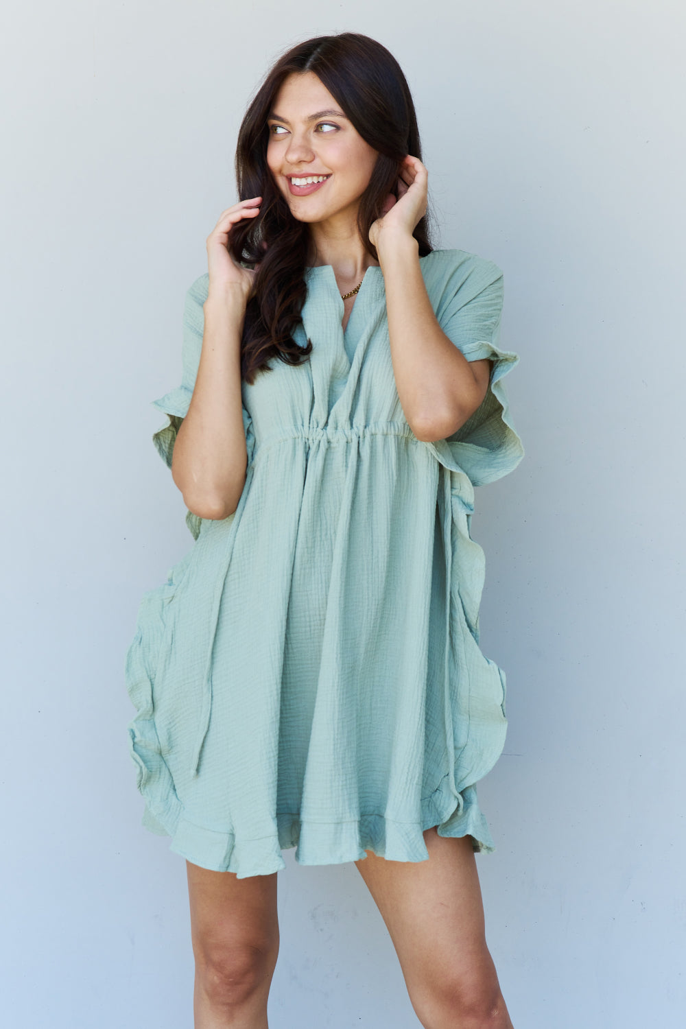 Ninexis Out Of Time Ruffle Hem Dress with Drawstring Waistband in Light Sage