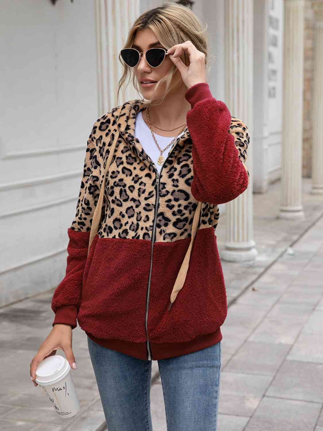 Leopard Drawstring Hooded Long Sleeve Outerwear