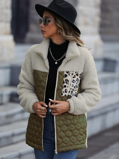 Leopard Color Block Zip-Up Jacket