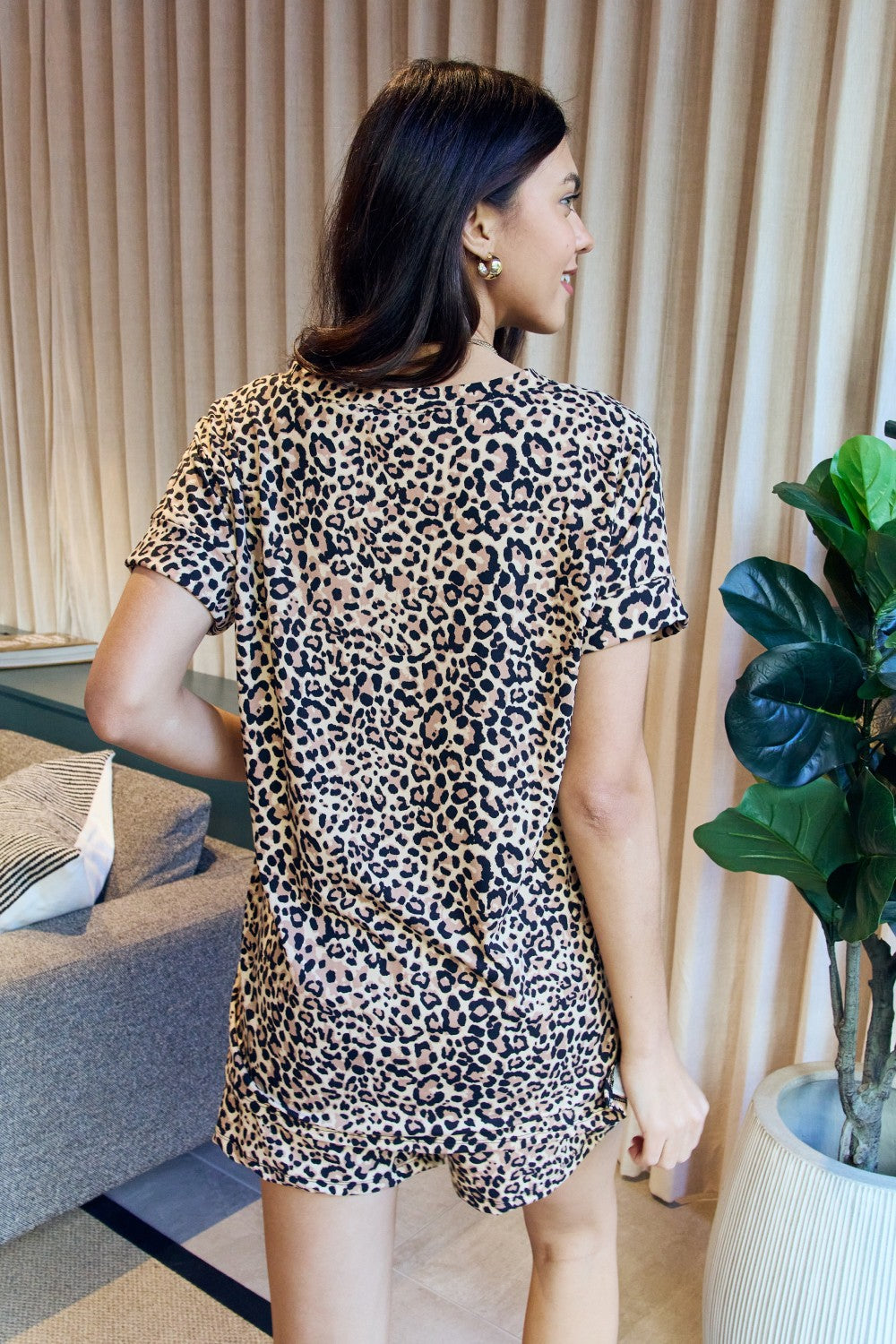 Zenana Leopard V-Neck Top and Drawstring Shorts Lounge Set