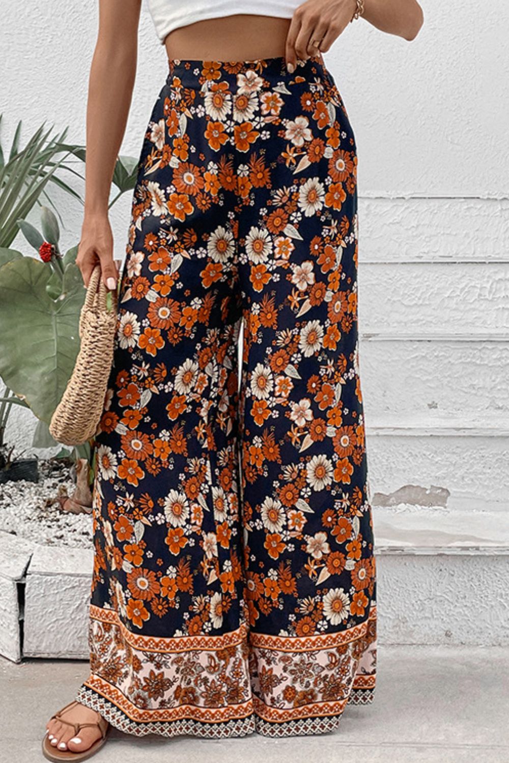 Blooming Petals Floral Wide Leg Pants with Pockets