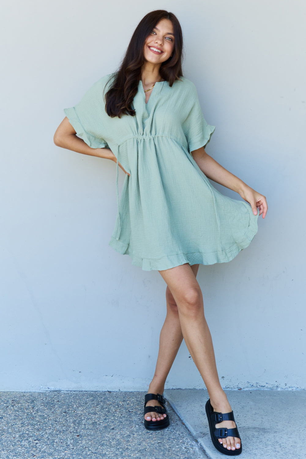 Ninexis Out Of Time Ruffle Hem Dress with Drawstring Waistband in Light Sage