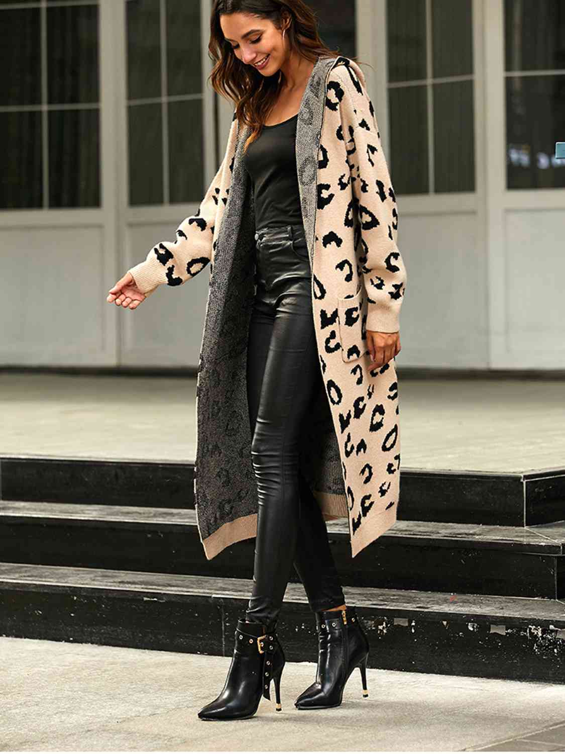 Leopard Hooded Cardigan with Pockets