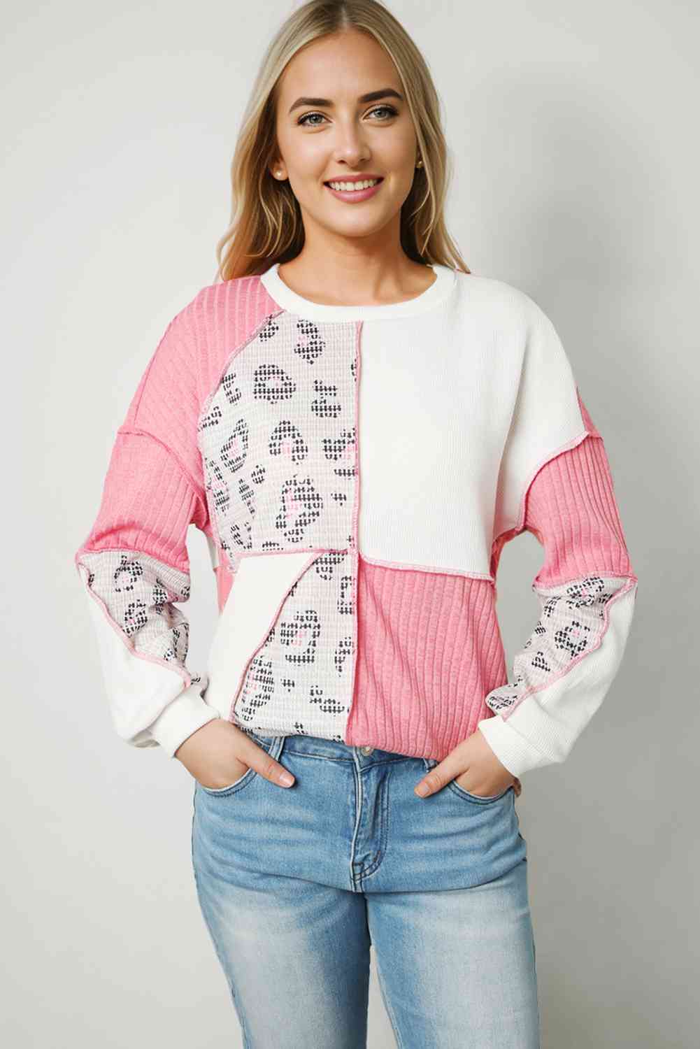 Leopard Color Block Exposed Seam Sweatshirt