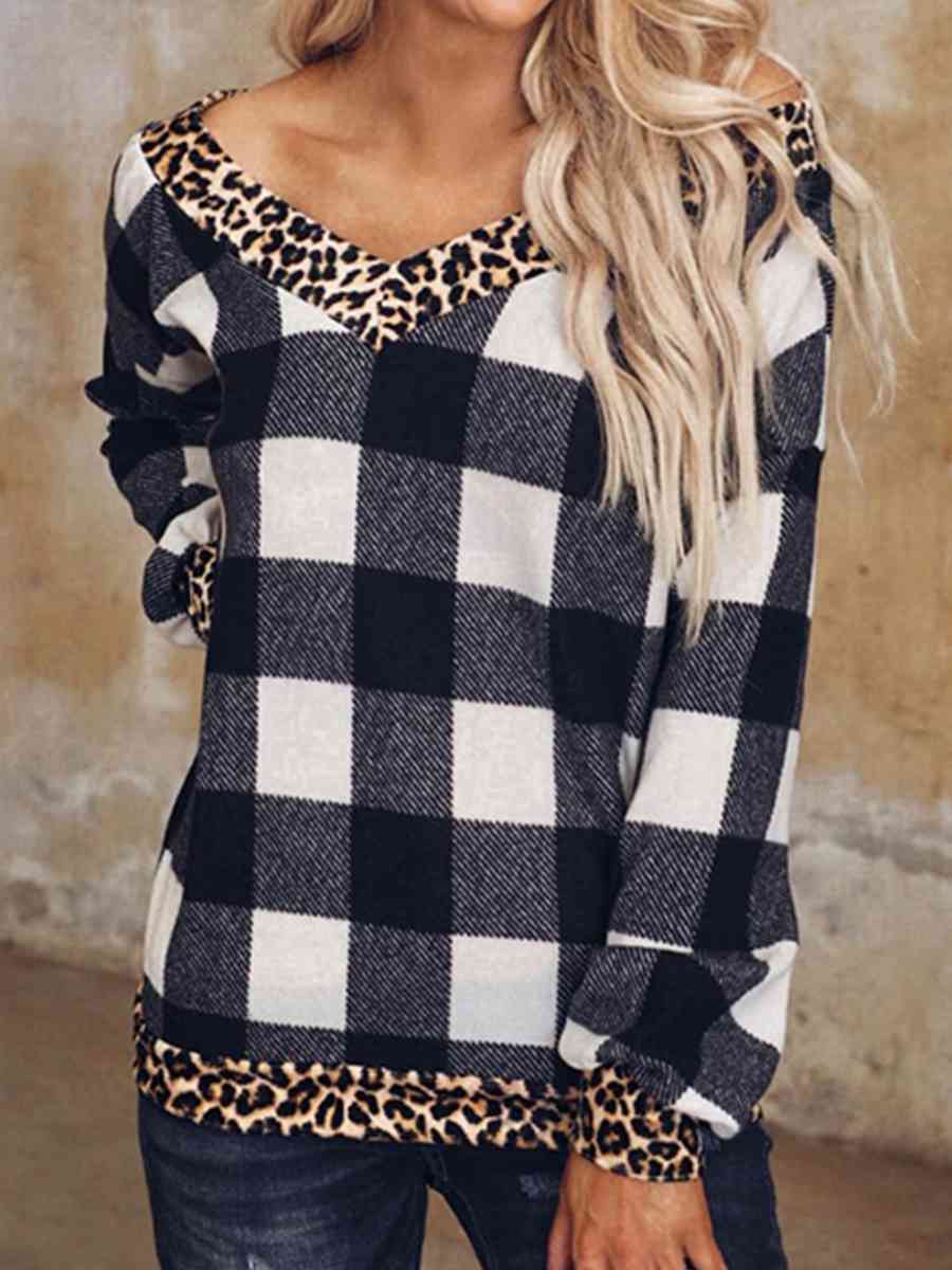 Plaid Leopard V-Neck Sweatshirt