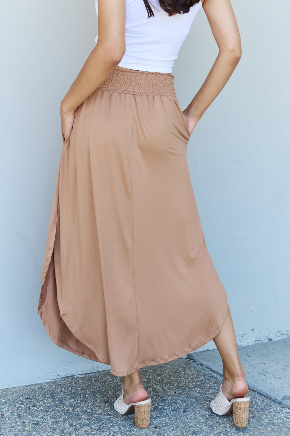 Doublju Comfort Princess High Waist Scoop Hem Maxi Skirt in Tan