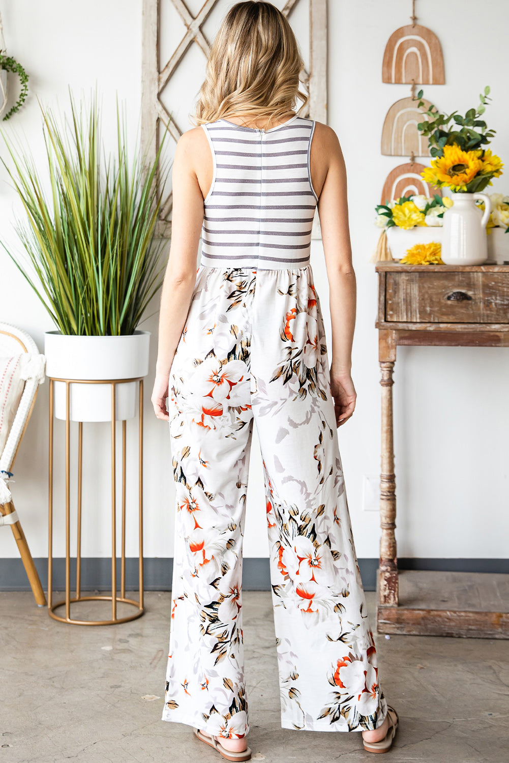 Striped Floral Sleeveless Wide Leg Jumpsuit with Pockets
