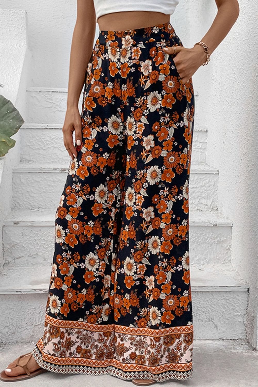 Blooming Petals Floral Wide Leg Pants with Pockets