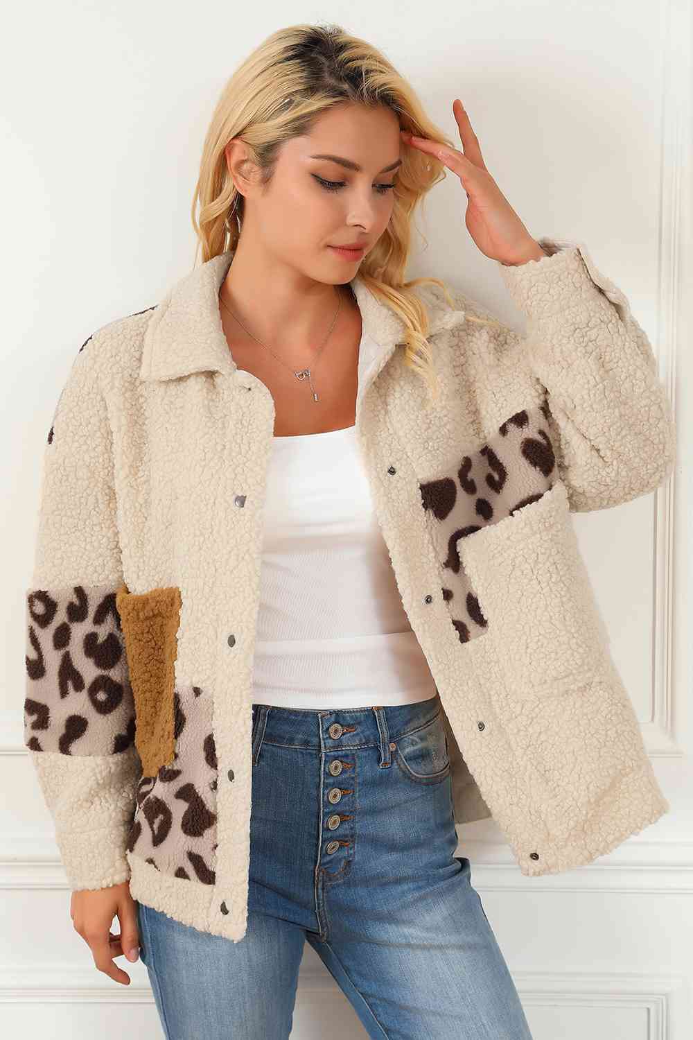 Leopard Snap Down Collared Neck Jacket