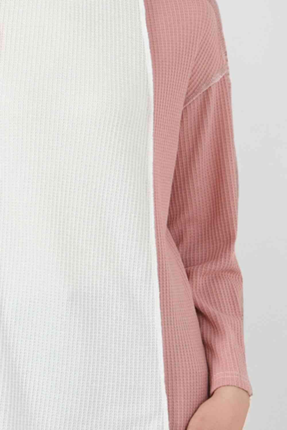 Waffle Knit Leopard Color Block Long Sleeve Top