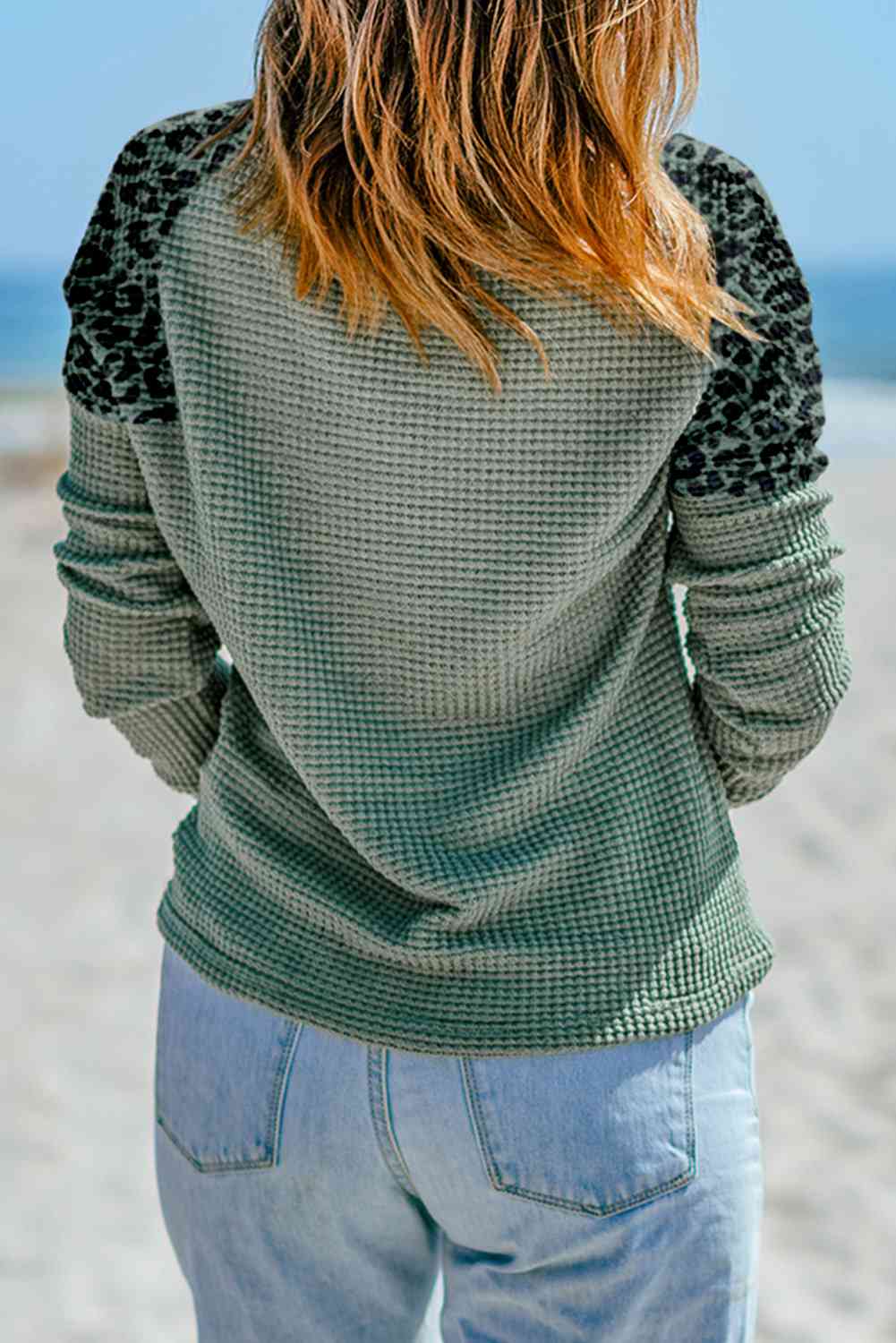 Waffle Knit Leopard Notched Neck Top